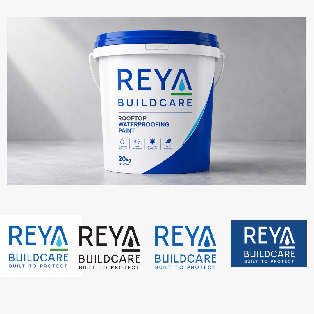 Reya Buildcare packaging mockup and logo variations